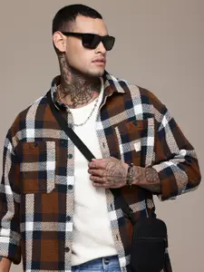 WROGN Tartan Checks Drop-Shoulder Sleeves Oversized Knitted Casual Shirt