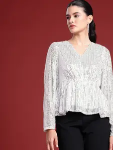 all about you Sequinned Stripes Embellished V-Neck Gathered or Pleated Party Top