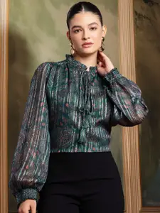 all about you Tie-Up Neck Puff Sleeve Ruffles Ethnic Printed Top