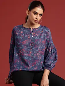 all about you Floral Print Puff Sleeve Gathers Detail Top