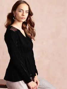 all about you V-Neck Sequined Detail Velvet Cinched Waist Top