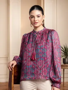 all about you Tie-Up Neck Puff Sleeve Ruffles Ethnic Printed Top