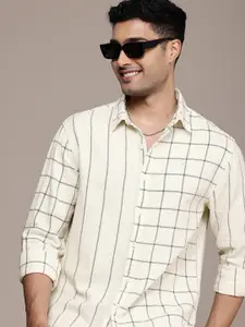 WROGN Comfort Opaque Striped and Checked Pure Cotton Casual Shirt