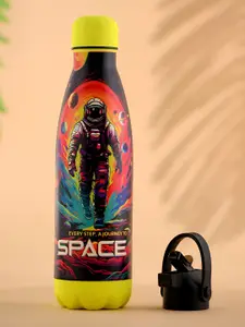 Kuber Industries Black & Yellow Single Stainless Steel Printed Water Bottle