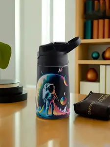 Kuber Industries Black & Blue Single Stainless Steel Printed Water Bottle