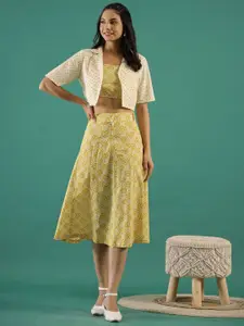 Sangria Printed Pure Cotton Top & Skirt Co-Ords With Shrug