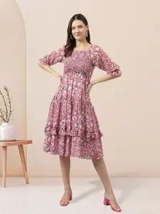 BAESD Floral Print Ruffled Georgette Fit & Flare Midi Dress