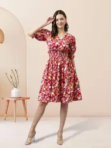 BAESD Floral Print Puff Sleeve Crepe Fit & Flare Dress