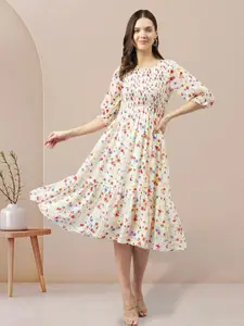 BAESD Polka Dot Printed Puff Sleeves Georgette A-Line Midi Dress