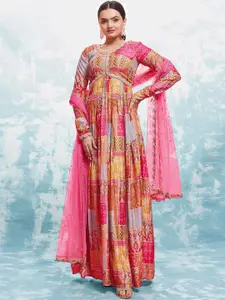 ODETTE Plus Size Ethnic Motifs Printed Georgette Empire Ethnic Dress With Dupatta