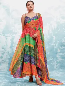 ODETTE Bandhani Printed V-Neck Shoulder Straps Fit & Flare Ethnic Dress With Dupatta