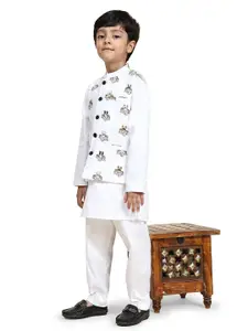 BAESD Boys Printed Pure Cotton Kurta With Pyjamas & Jacket