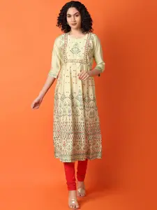 V-Mart Women Floral Printed Flared Sleeves Mirror Work Kurta