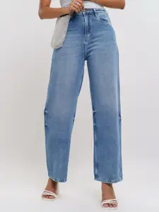 FREAKINS Women Straight Fit High-Rise Mildly Distressed Light Fade Cotton Jeans