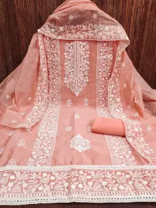 Peachmode Floral Embroidered Thread Work Unstitched Dress Material