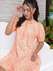 DressBerry Floral Printed Tie-Up Neck A-line Dress