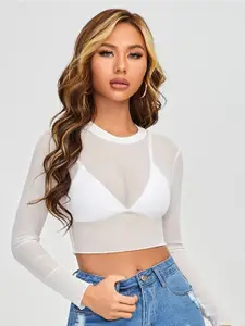 AAHWAN Solid Round Neck Sheer Crop Top