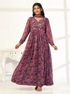 FASHION DREAM Floral Printed Georgette Maxi Ethnic Dress With Dupatta