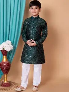 BAESD Boys Floral Embroidered Mandarin Collar Dupion Silk Straight Kurta with Pyjamas