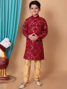 BAESD Boys Embroidered Mandarin Collar Straight Dupion Silk Kurta with Pyjamas