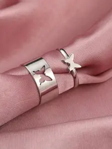 Jewels Galaxy Set of 2 Silver-Plated  Adjustable Finger Double Ring With Butterfly Design