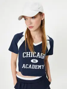 Koton Women Typography Printed Polo Collar Slim Fit T-shirt