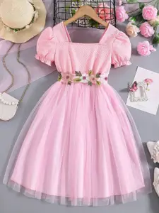 BAESD Square Neck Puffed Sleeve Net Fit & Flare Dress