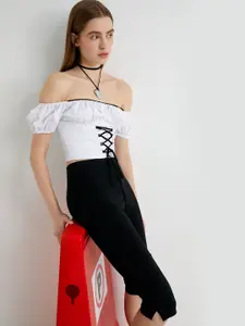 Koton Solid Off-Shoulder Puff Sleeve Cotton Bardot Crop Top