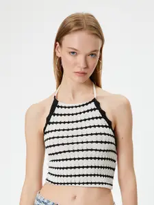 Koton Self Design Striped Halter Neck Sleeveless Crop Top