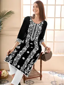 Anouk Floral Embroidered Round Neck Chikankari Straight Kurta