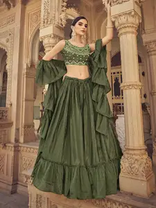 Fusionic Embroidered Mirror Work Semi-Stitched Lehenga & Unstitched Blouse With Dupatta