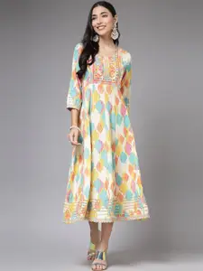 KALINI Women Floral Printed Mirror Work Lace Frills Bows and Ruffles Kurta