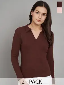 Trend Level Pack of 2 Ribbed Shirt Collar Pure Cotton Solid Tops