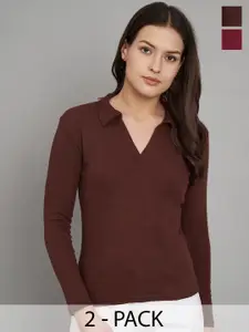 Trend Level Pack of 2 Ribbed Shirt Collar Pure Cotton Solid Tops