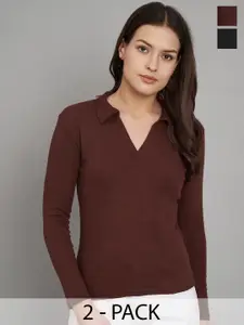 Trend Level Pack of 2 Ribbed Shirt Collar Cotton Solid Tops