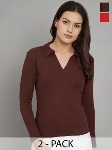 Trend Level Pack of 2 Ribbed Shirt Collar Pure Cotton Solid Tops