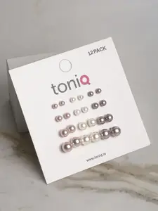 ToniQ Set of 12 Silver-Plated Pearls Circular Studs Earrings