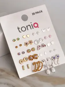 ToniQ Set Of 20 Gold Plated & Silver Plated Geometric Studs Earrings