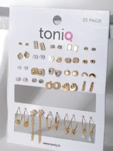 ToniQ Set of 25 Gold-Plated Stones Studded Contemporary Studs & Half Hoop Earrings