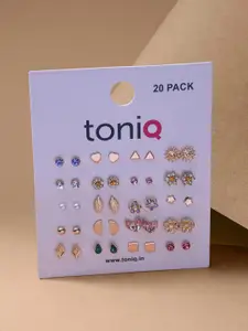 ToniQ Set of 20 Gold Plated Geometric Studs Earrings