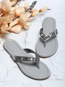 FABBMATE Embellished Open Toe T-Strap Flats