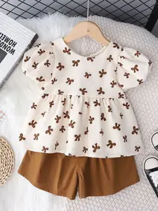 INCLUD Girls Printed Puff Sleeves Top With Short