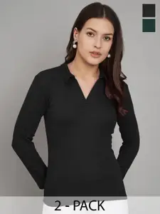 Trend Level Pack of 2 Ribbed Shirt Collar Pure Cotton Solid Tops