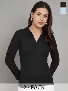 Trend Level Pack of 2 Ribbed Shirt Collar Cotton Solid Tops