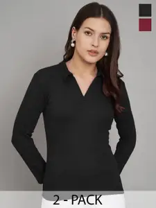 Trend Level Pack of 2 Ribbed Shirt Collar Pure Cotton Solid Tops