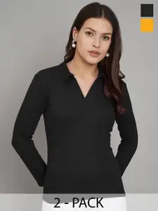 Trend Level Pack of 2 Ribbed Shirt Collar Pure Cotton Solid Tops