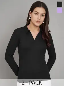 Trend Level Pack of 2 Shirt Collar Pure Cotton Solid Tops