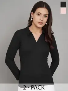 Trend Level Pack of 2 Ribbed Shirt Collar Cotton Solid Tops