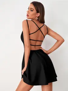 AAHWAN Solid Crisscross Backless Fit and Flare Mini Dress