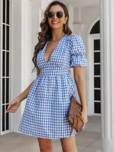 4WRD by Dressberry V-Neck Puff Sleeves Checked Fit & Flare Dress